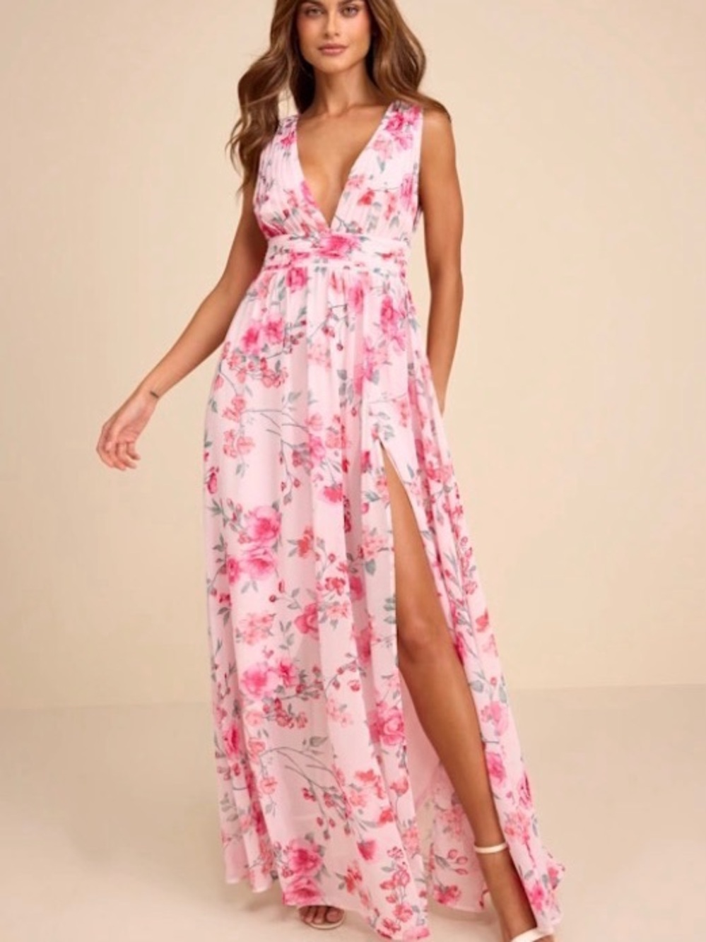 Lulus Heavenly Hues Pink Floral Maxi Dress Pink & White Small
